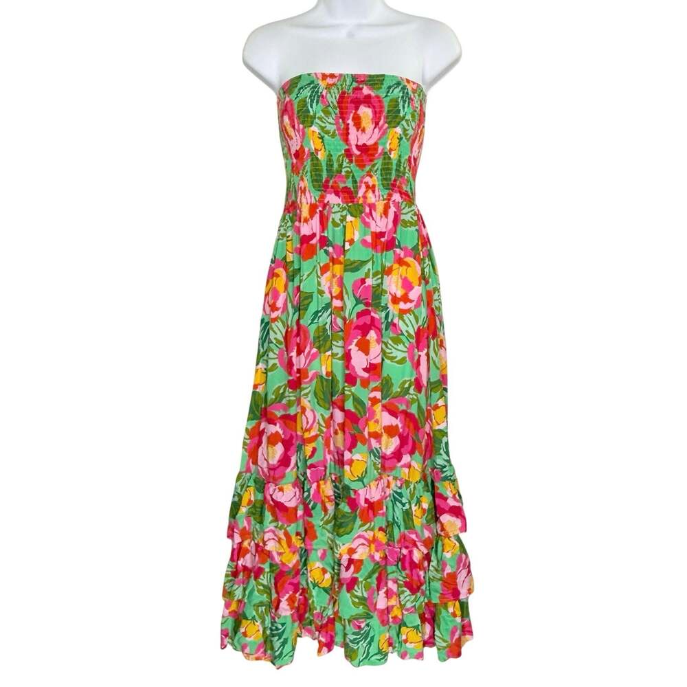 Abel the Label Dress Mimosa Strapless Dress S Floral Smocked Tiered Maxi Pink